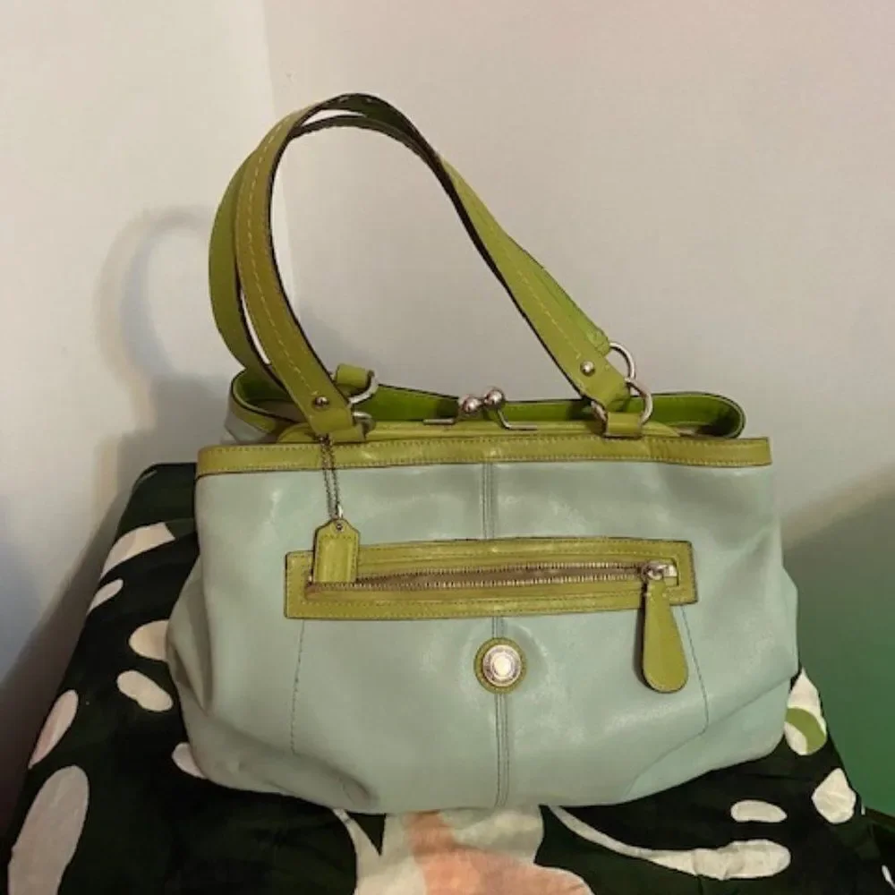 Coach F14866 Laura Aqua & Lime Green Leather carryall bag